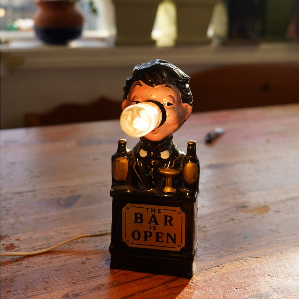 1950s Vintage THE BAR IS OPEN - BARTENDER RED NOSE 8.5” LAMP Japan Works Redware